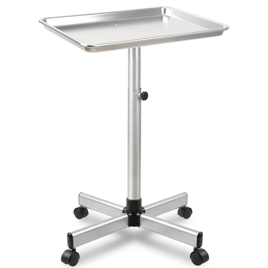 Salon Tray on Wheels, Salon Color Tray with Adjustable Height,Salon Rolling Tray Ideal Use As Metal Mayo Stand Tray,Tattoo Tray, Medical Tray, Dental Tray（Silver）