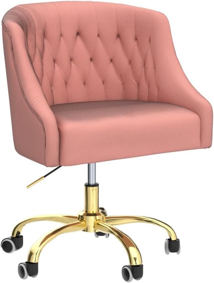 MOJAY Velvet Home Office Desk Chair, Vanity Chair with Wheels Pretty Fancy Gold 360°Swivel Height Adjustable Office Chairs for Girls Home Offices, Bedrooms, Living Room (Pink)