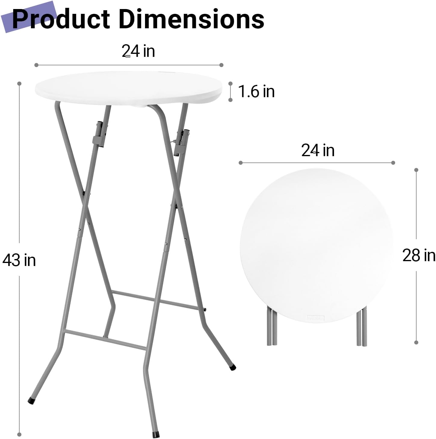 Byliable 24in Round Cocktail Table, Bar Height High Top Foldable Bistro Table with Removable Legs, Portable Plastic Indoor Outdoor for Patio, Party, Backyard, Events, White