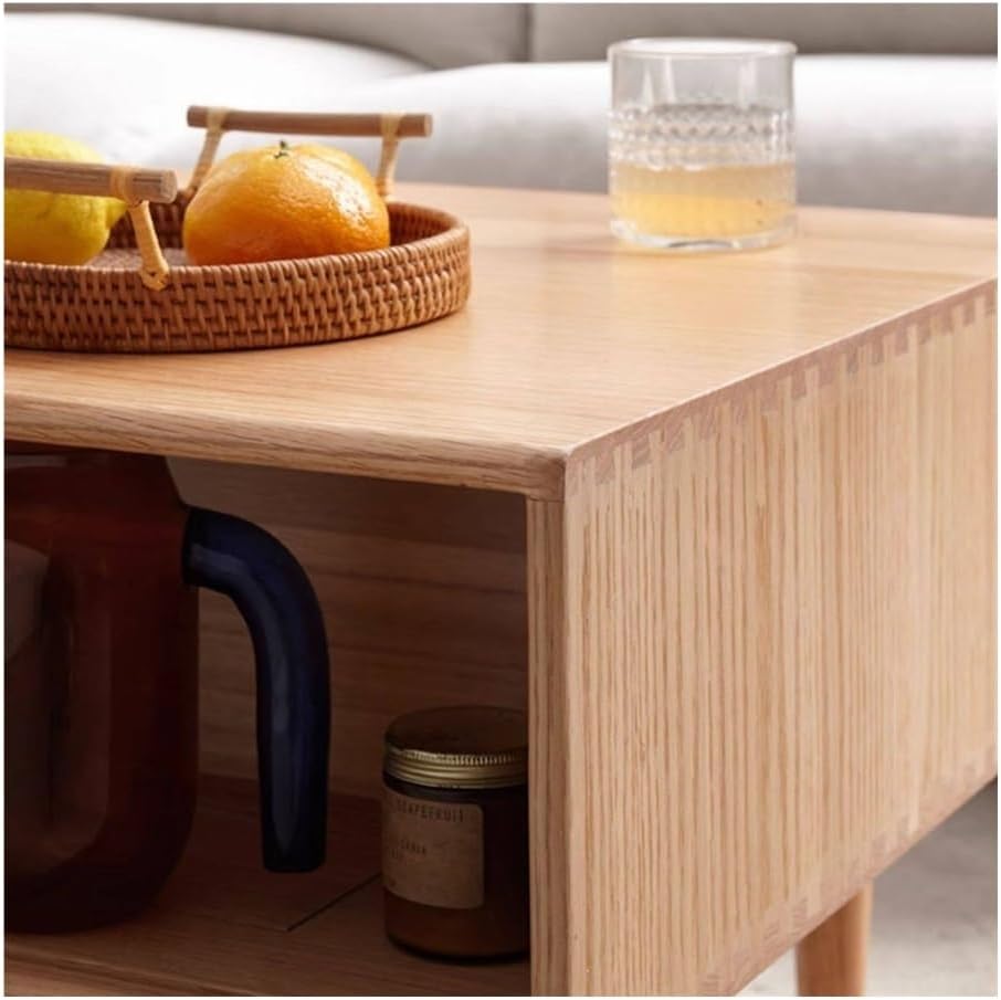 Dual-Sided Storage Coffee Table Sliding Door Drawer Light Finish Small Side Table