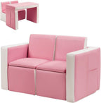 Costzon Kids Couch, 2 in 1 Double Seat Children's Sofa Convert to Table and Two Chairs for School, Storage Space, PVC Surface, Large Soft Kids Preschool Sofa Couch for Boys Girls Gifts (Pink)