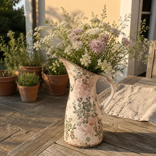 Vintage Ceramic Pitcher Vase with Handle 10.5”, Green & Pink Floral Farmhouse Vase, Chinoiserie Decorative Centerpiece for Living Room, Bookshelf