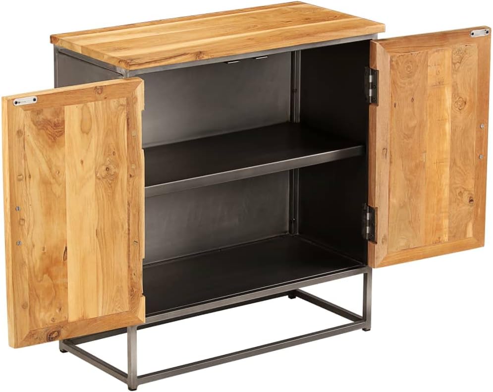 Brown and Grey Recycled Teak and Steel Medium Sideboard with Unique Wood Grain and Sturdy Construction for Living Dining Room Storage