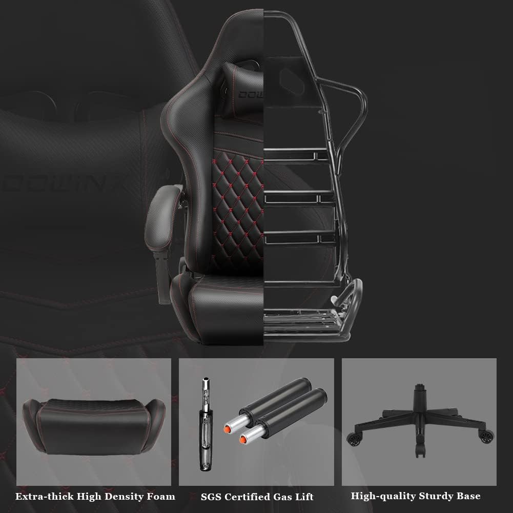 Dowinx Gaming Chair with Massage Lumbar Support, Vintage Style Office Computer Chair PU Leather E-Sports Gamer Chairs with Retractable Footrest and Headrest Black&Red