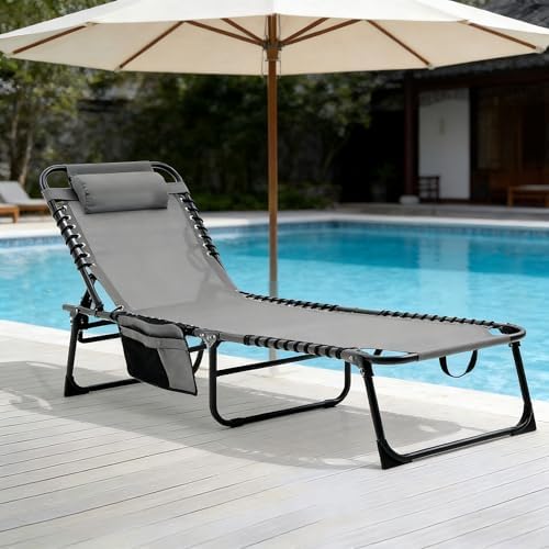 Gray Lounge Chairs for Outside, Folding Beach Lounger with Carrying Handle and Side Pocket, 5-Position Adjustable Sun Tanning Chair Removable Pillow for Pool, Beach, Patio, Lawn
