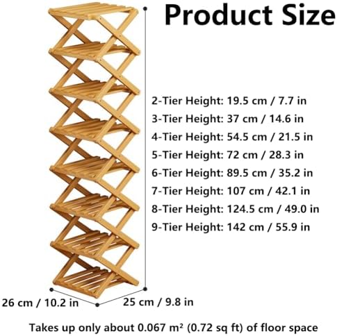 No-Assembly Bamboo Shoes Rack, Foldable Vertical Corner Shoe Organizer, Multifunctional Narrow Shoe Shelf for Entryway, Closet, Bedroom, Hallway (Brown, 5-Tier)