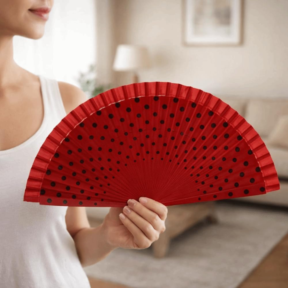 Flamenco Spanish Folding Fan Dots Pattern Handle Easy To Open and Close Hand Fan Vintage Decorative Fan Filming Props