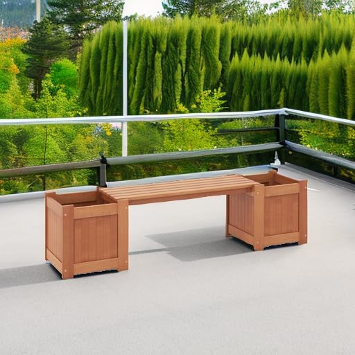 Planter Box Bench Outdoor, Wood Patio Bench with 2 Wood Planter Boxes, Raised Plant Container Garden Bench for Outdoor, Patio, Yard, Deck & Balcony