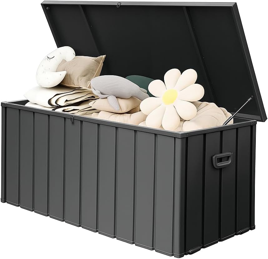 Galvanized Steel Outdoor Storage Box Lockable Bench with Hydraulic Lid Wheels for Patio Backyard Pool Cushions Tools Package Storage (Dark Brown)