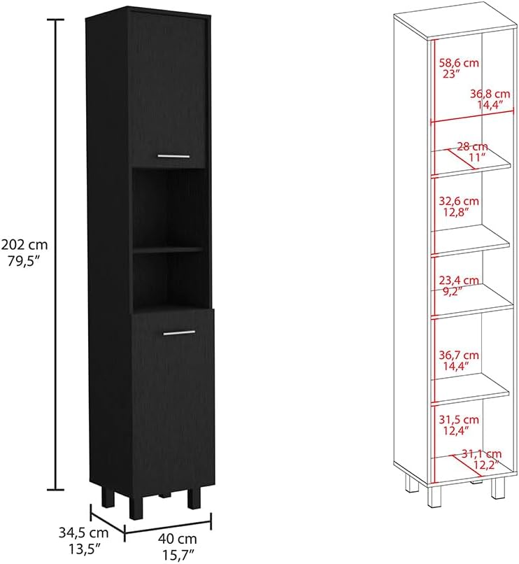 Pantry, Four Legs, Three Interior Shelves, Two Shelves, Two Cabinets -Black