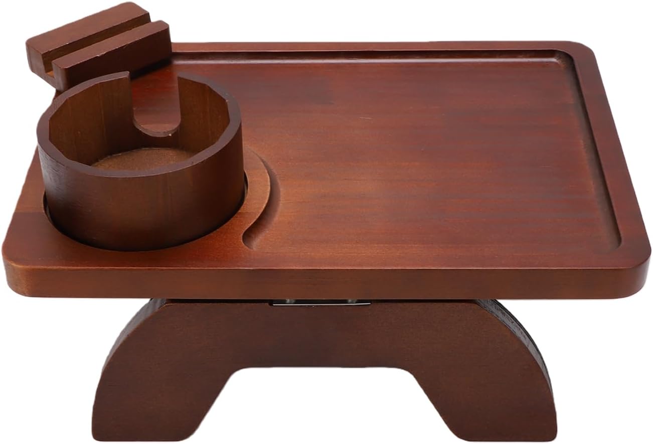 AUNMAS Sofa Arm Tray, Pine Material No Slip 3 in 1 Foldable Wood Couch Armrest Table with Cup Holder Rotating Phone Stand for Dining Watching TV (Brown)