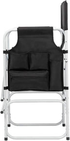 Folding Camping Tall Directors Chair with Side Table, Foldable Portable Makeup Artist Chair, Black