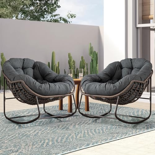 Outdoor Patio Rocking Chair, Oversized Papasan Chair with Cushion and Frame, Comfy Rattan Wicker Egg Chairs Indoor, Modern Lounge Rocker for Front Porch Living Room Bedroom (Dark Grey, Set of 1)