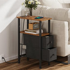 Narrow Side Table for Small Spaces, Skinny End Table with Charging Station, Sofa Beside Table with 2 Drawers 1 Open Compartment, Slim Nightstand with USB Ports Outlet, Rustic and Brown UTBT005FV2