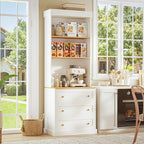 ivaniti 71" Farmhouse Kitchen Pantry Cabinet, White Freestanding Storage Hutch with Glass Doors, Drawers & Countertop, Microwave Stand & Coffee Bar, Adjustable Shelves, Set of 2