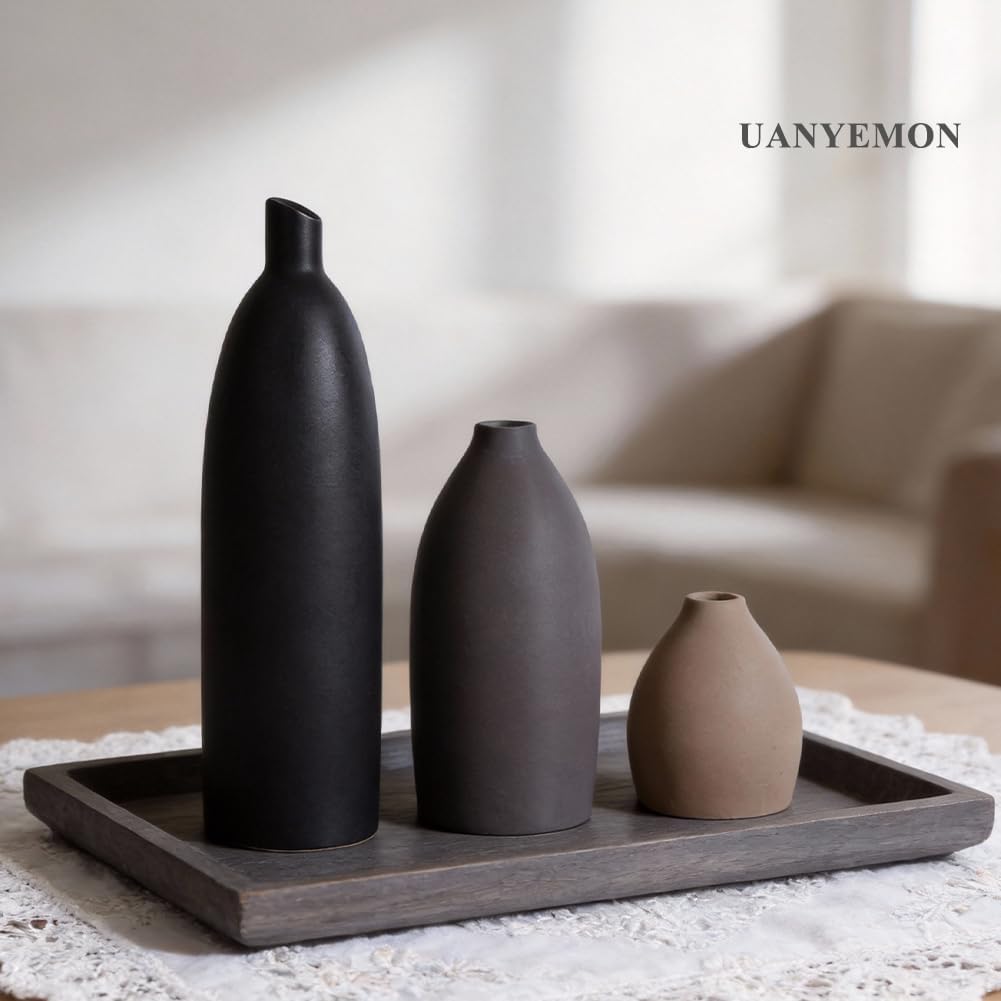 Ceramic Vase Set of 3 - Modern Boho Farmhouse Home Decor Flower Vases for Living Room, Kitchen Island, Dining Table Centerpiece Decor, Office Shelf, Fireplace Mantle Decorations (Black Taupe Mix)