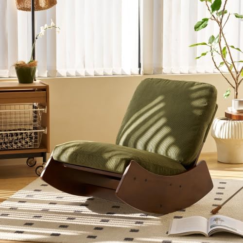Solid Wood Upholstered Rocking Chair, Glider Rocker with High Backrest and Soft Padded Seat, Comfy Green Accent Armchair for Nursery Bedroom Living Room Reading