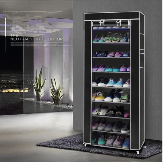Non-Woven Fabric Shoe Rack, Black, 10-Layer 9 Lattice, Space-Saving, Portable Storage Organizer