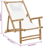 Bamboo and Canvas Deck Chair, Folding Lounge Chair for Outdoor Patio Garden and Balcony, Adjustable Reclining Sling Chair with Cream White Fabric, Durable Frame for Sun Lounging