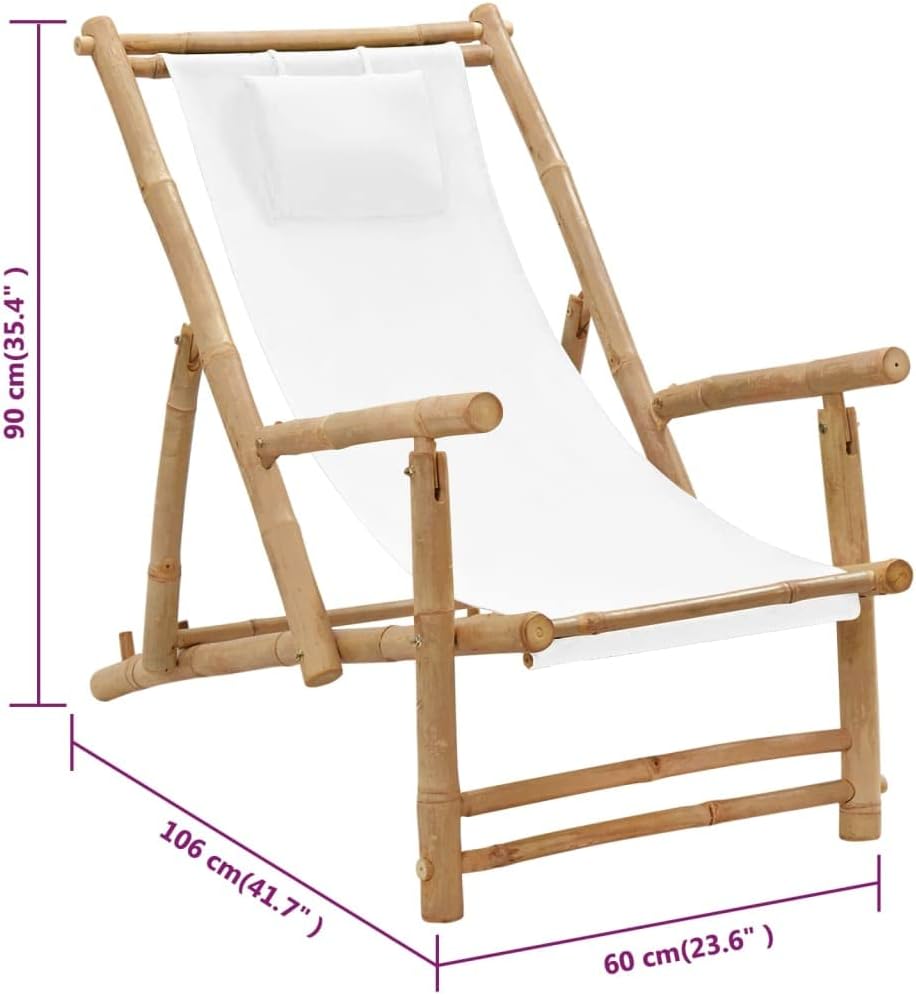 Bamboo Deck Chair, Folding Canvas Lounge Chair with Adjustable Height for Patio Garden and Balcony, Cream White Outdoor Reclining Sling Chair, Supports up to 264.6 lbs