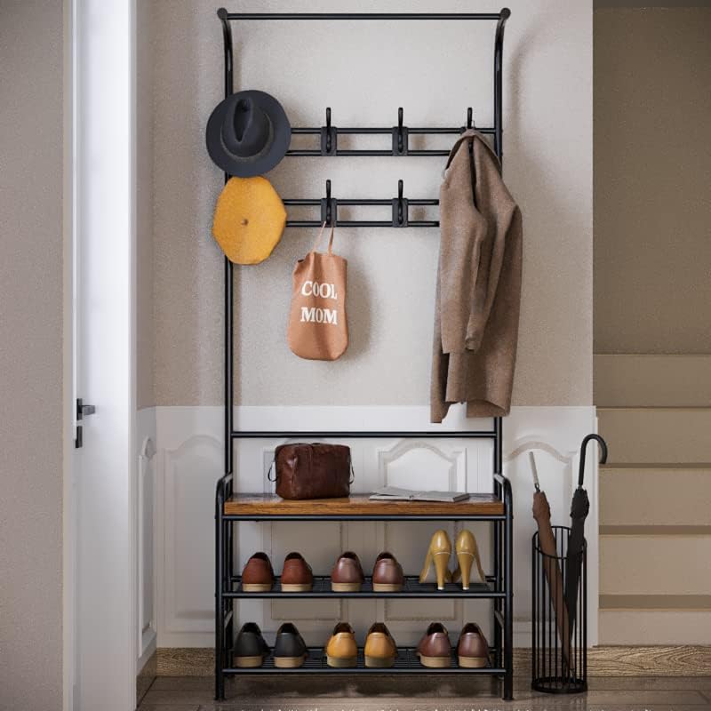 Amyove Coat Rack Shoe Bench, 3-in-1 Hall Tree Shoe Rack for Entryway, 3-Tier Storage Shelf and 8 Hooks Removable, Industrial Accent Furniture with Steel Frame, Multifunctional Hallway Organizer