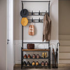 Amyove Coat Rack Shoe Bench, 3-in-1 Hall Tree Shoe Rack for Entryway, 3-Tier Storage Shelf and 8 Hooks Removable, Industrial Accent Furniture with Steel Frame, Multifunctional Hallway Organizer