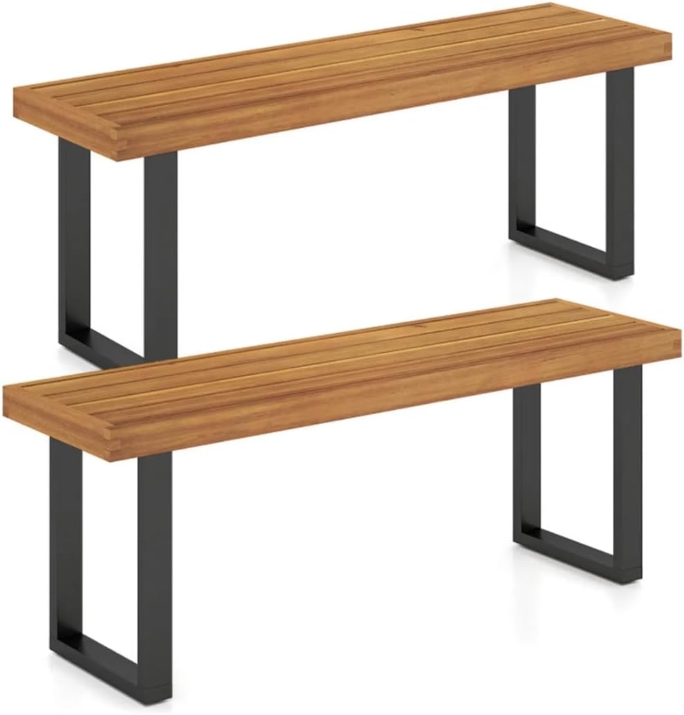 Solid Acacia Wood Outdoor Dining Bench, 2 Pack, 800 LBS Weight Capacity, for Patio Garden