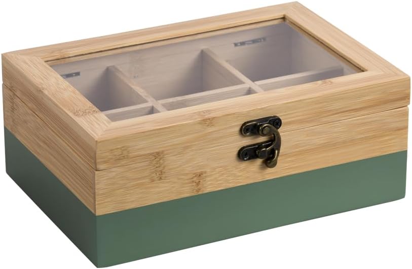 Kesper® Tea Box, Material: FSC® Certified Bamboo, 6 Compartments, with Viewing Window and Retro Closure, Tea Box for Storage, Dimensions: 21.5 x 15 x 8.5 cm, Tea Not Included, Colour: Green/Natural