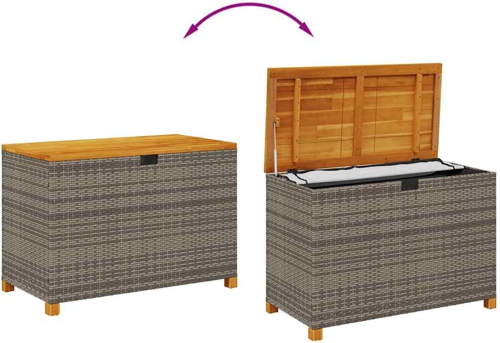 Patio Storage Box Gray Poly Rattan Resin Wicker Bench with Acacia Wood Lid 43.3"x21.7"x24.8" Weather Resistant Outdoor Deck Cushion Chest for Garden Backyard Porch
