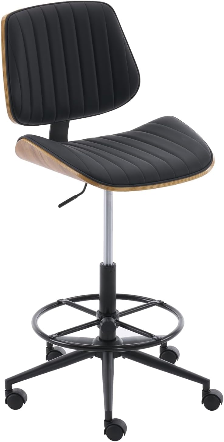 Drafting Home Office Chair, Swivel Desk Chair with Bend Wood Backrest, Ergonomic Office Chairs with Adjustable Height and Footrest Ring for Bar Lab Counter Height Desk and Drawing (Blcak)