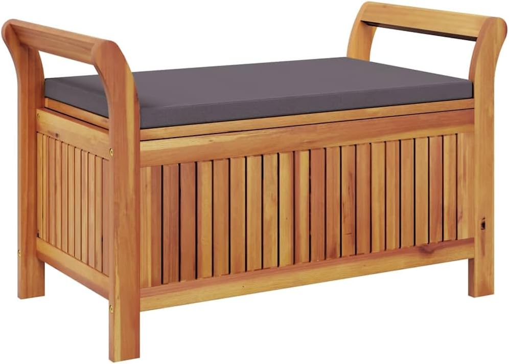 Solid Acacia Wood Patio Storage Bench with Cushion, Curved Arms and Ample Storage Space for Pillows and Blankets, Outdoor Garden Seat
