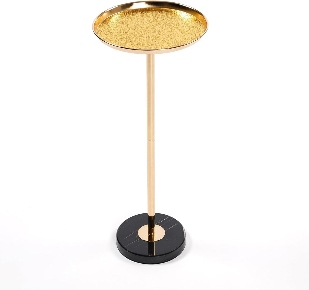 Luxe Modern Round Side Table with Gold Finish, Black Marble Base, Decorative Pedestal End Table for Tea, Martini, Display Storage