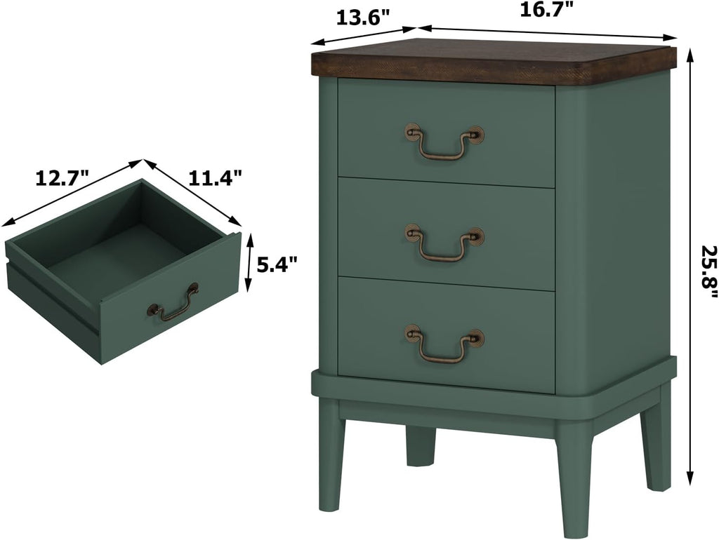 Wnutrees Farmhouse Nightstand with 3 Drawers，Modern Bedside Table with Round Curved Corner and Metal Handles, Wood End Side Table for Living Room, Hallway, Green