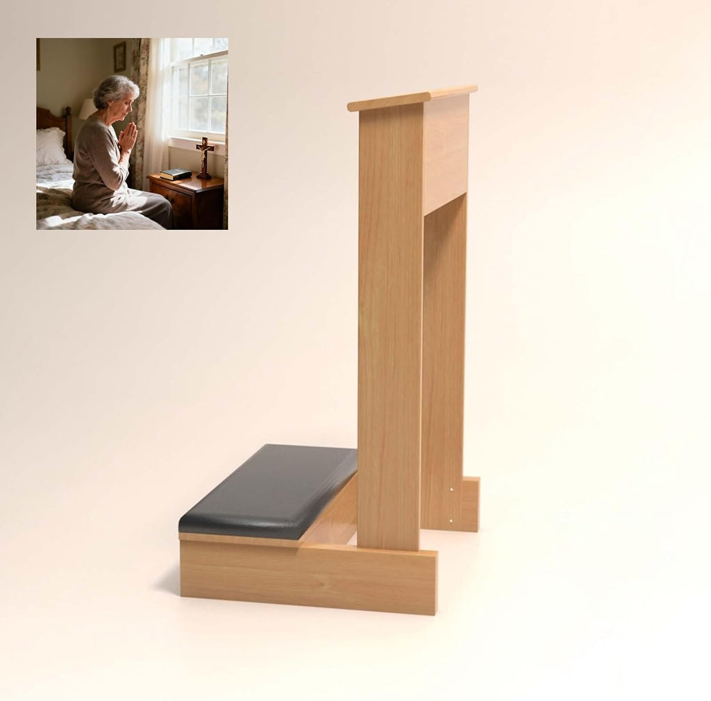 Church Prayer Bench Kneeler Wooden Prayer Kneeler with Book Shelf Prayer Table at Home with Cushion Pad Meditation Stool 20x16.5x33In Kneeling Stool for Church Family(Natural)