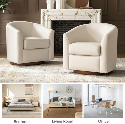 HULALA HOME Genuine Leather Swivel Barrel Chair, Round Swivel Accent Chair with Solid Wood Base, No Assembly Required, Beige
