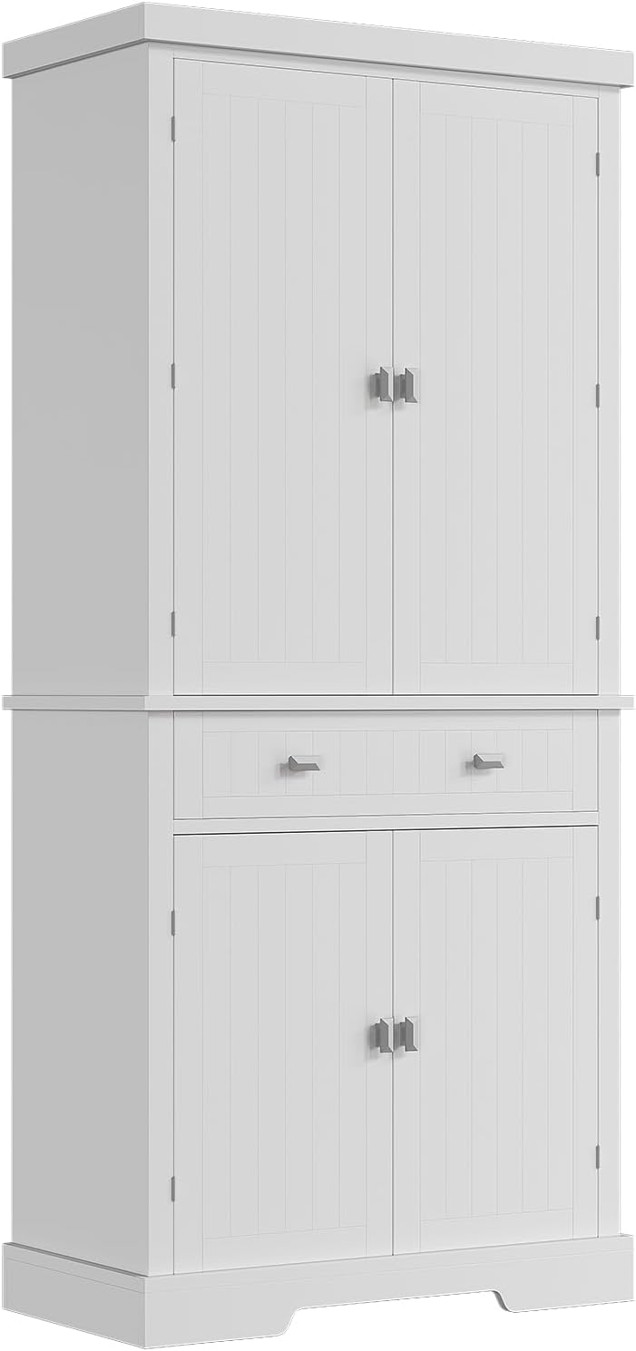 72" Kitchen Pantry Cabinet, Kitchen Pantry with 6 Door Shelves, 2 Cabinets and 1 Drawer, Tall Storage Cabinet for Living Room, Dining Room, White