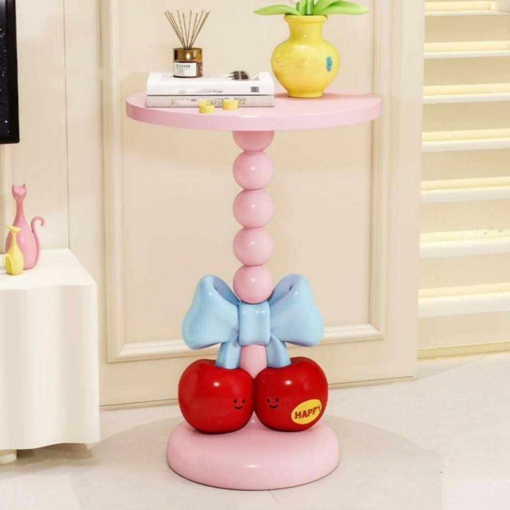 Creative Small Side Table with Bow and Cherry Decoration, Decorative End Table with Wooden Tabletop, Round Accent Table for Small Spaces, Bedroom(Pink)