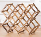 Foldable Wooden Wine Rack, 10-Bottle Expandable Countertop Wine Holder with 8 Individual Slots and Top Storage, Carbonized Pine, No Assembly Required