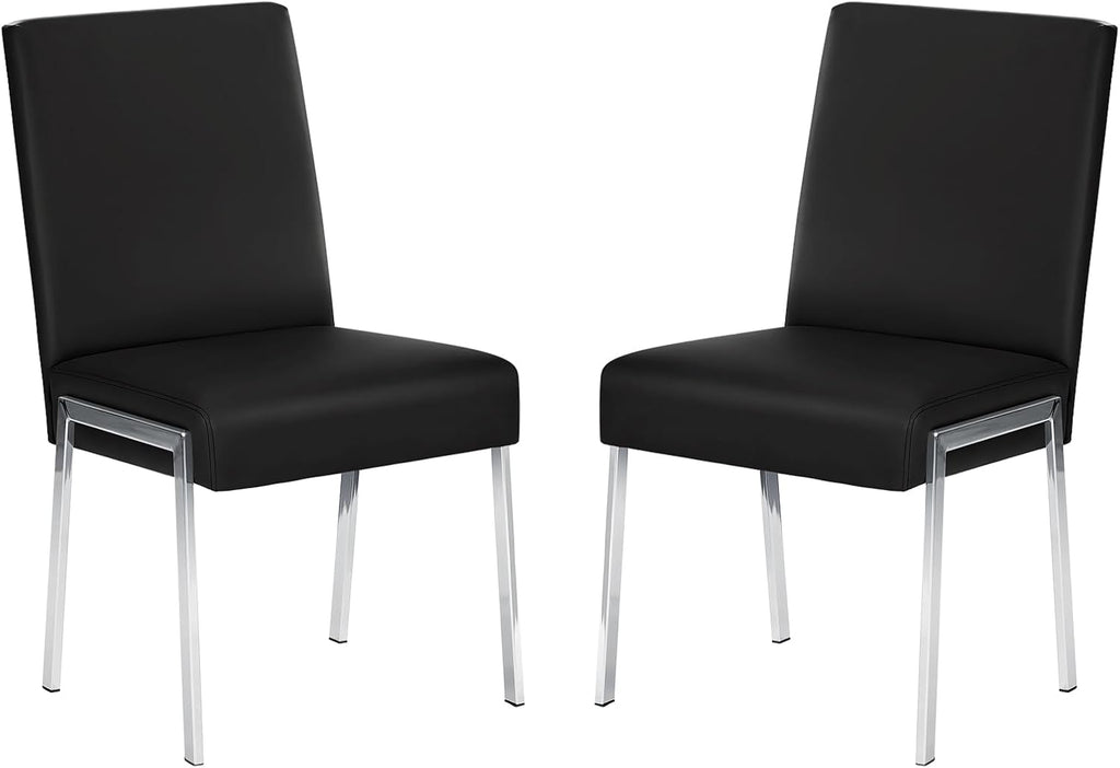 Modern Dining Chair Set of 2, Comfortable Dining Chair with Thick Cushions, Upholstered Leather Kitchen Side Chair with Metal Feet for Home, Kitchen, Living Room, Dining Room and Cafeteria, Black