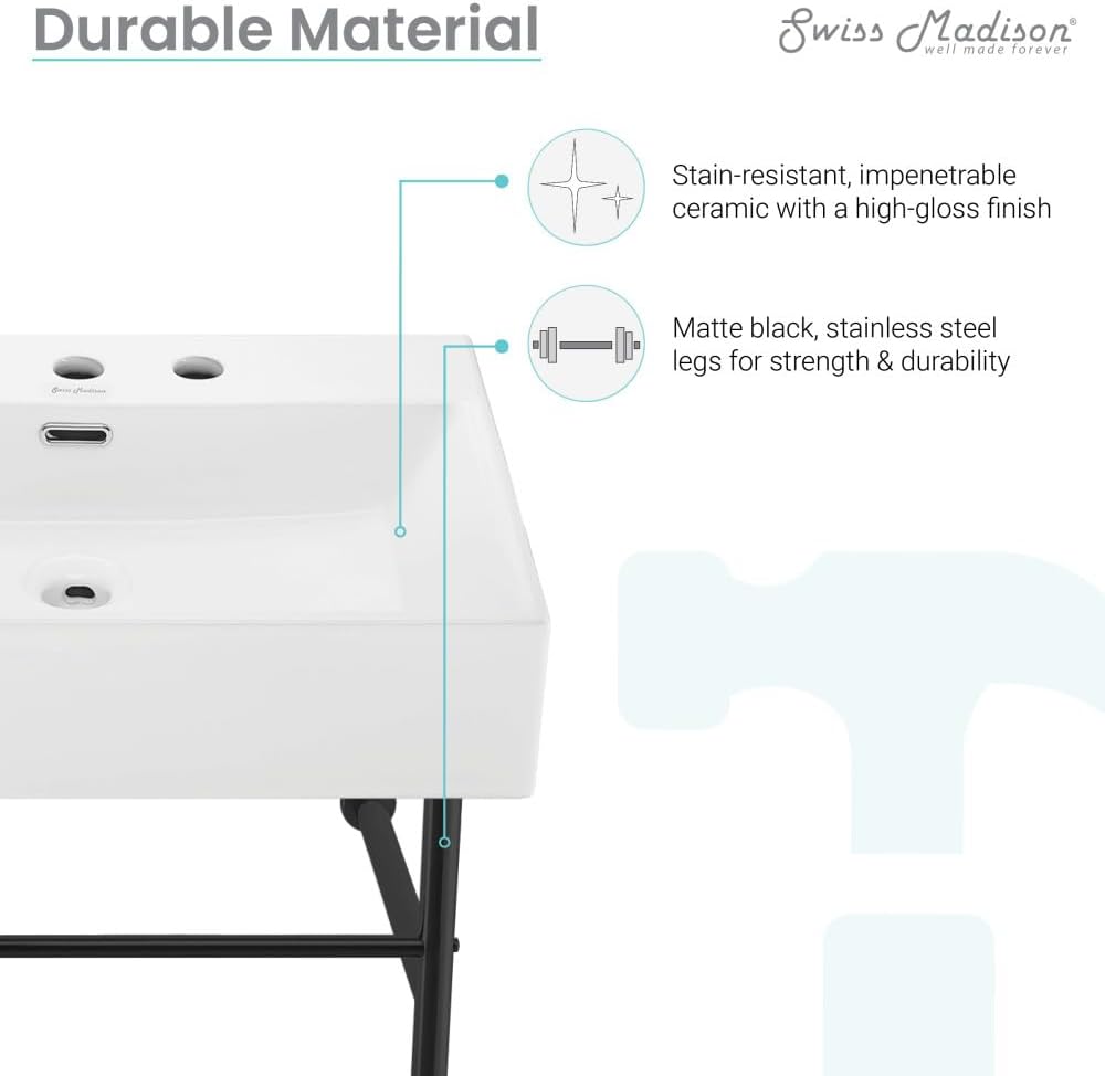 Claire 24" Console Sink White Basin Black Legs with 8" Widespread Holes
