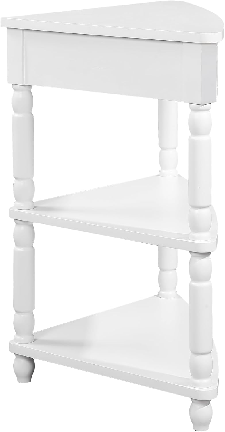 33.8'' Small Triangle Corner Table, 3 Tier End Corner Table with Solid Wood Legs, Wood Corner Side Shelf for Living Room Small Spaces (Milk White)