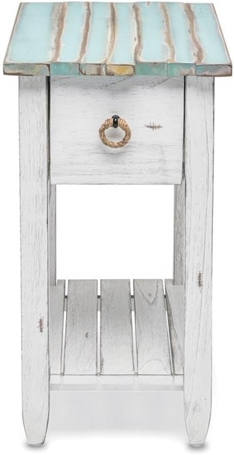 Pemberly Row Contemporary Wood Chairside Table, 25" H x 14" W x 23" D, Mindi and White Cedar, White/Blue Finish, 1 Drawer with Rope Ring Pulls, Coastal Style End Table for Living Room or Bedroom