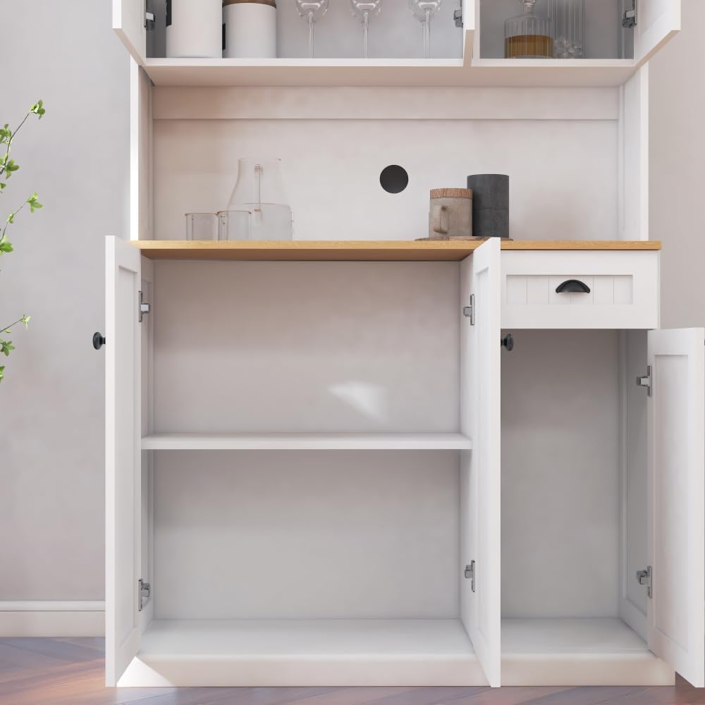 71" Kitchen Pantry Storage Cabinet with Microwave Oven Countertop, Adjustable Shelves, 6 Doors and 1 Drawer-Black (White + MDF)