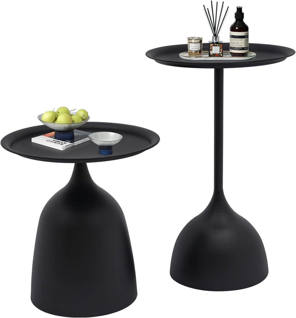 Round Side Table Set of 2, Modern Nesting End Tables with 11” Base - Iron Accent Tables for Living Room, Bedroom, Office - Black & 16.9” & 23.6” Height