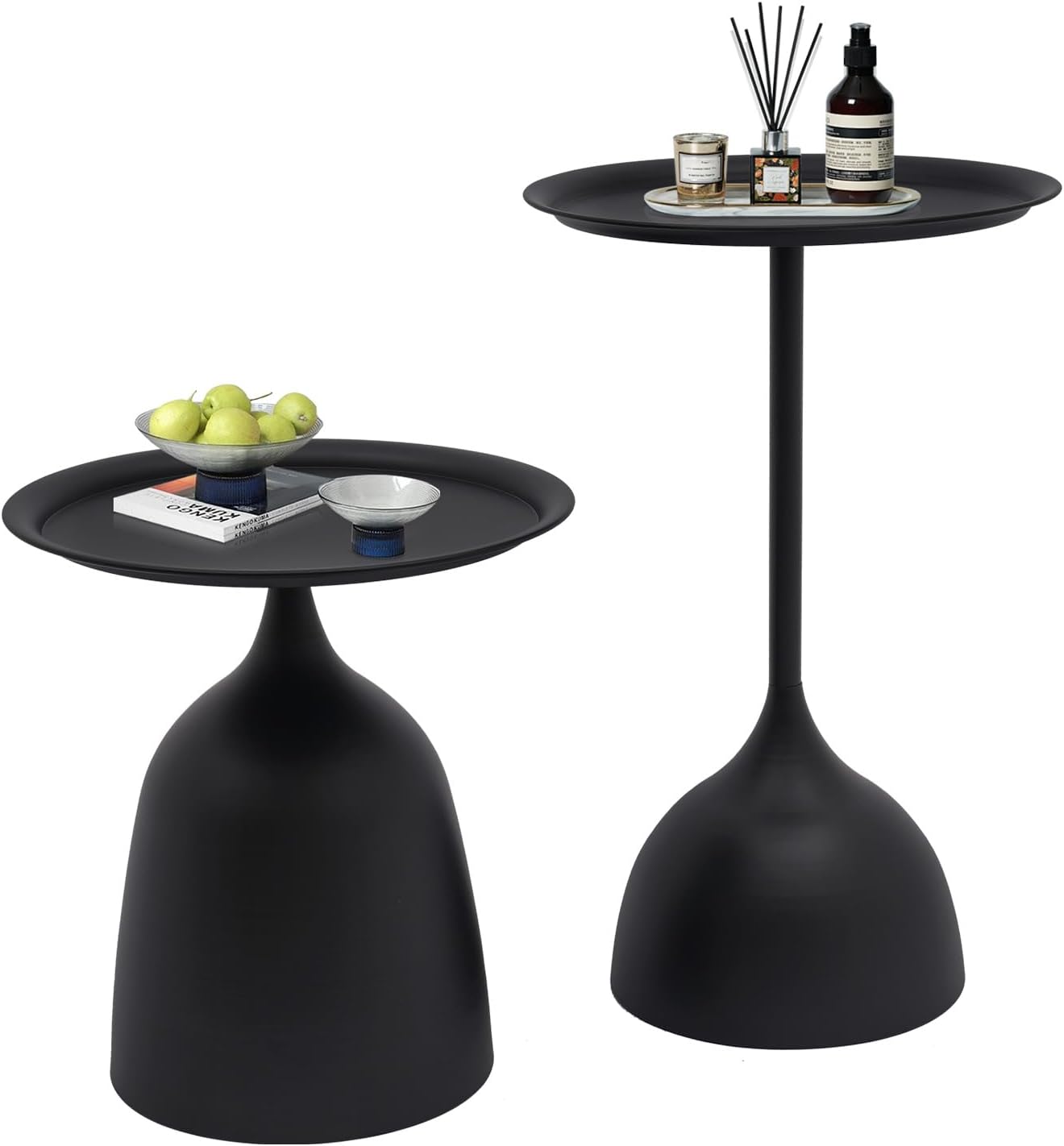 Round Side Table Set of 2, Modern Nesting End Tables with 11” Base - Iron Accent Tables for Living Room, Bedroom, Office - Black & 16.9” & 23.6” Height