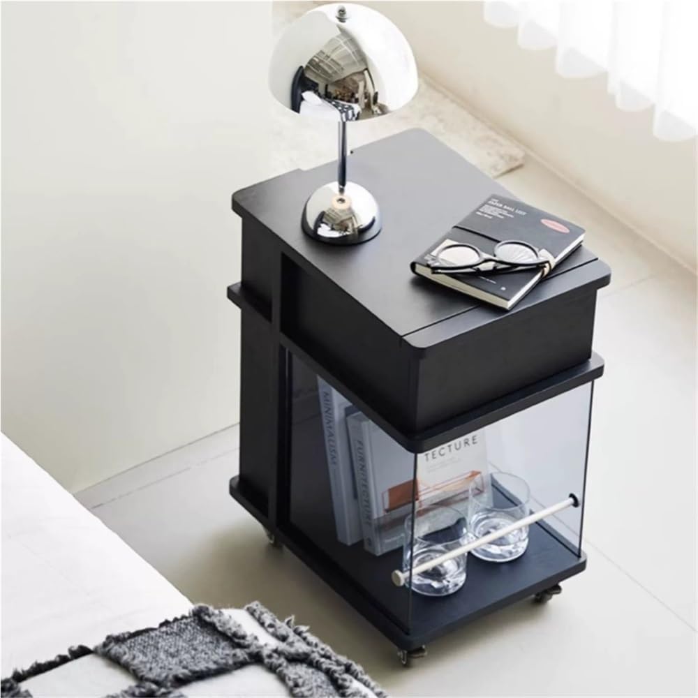 Wooden Night Stand, Minimalist Design Black Bedside Table with Open Storage, Modern End Table with Drawers for Living Room and Bedroom