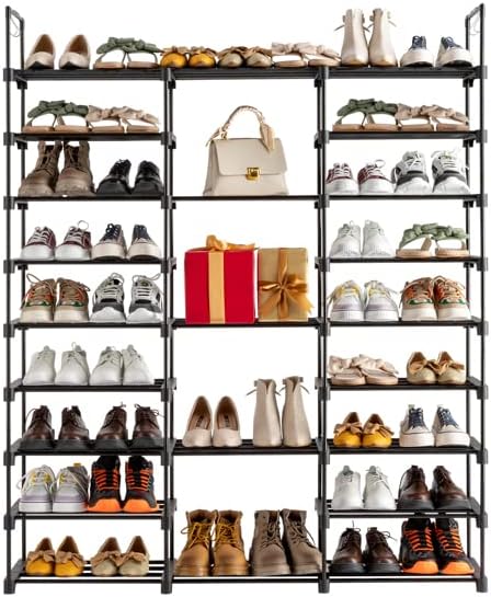 9-Tier Adjustable Metal Shoe Rack Organizer, Large Capacity Freestanding Shelf with Hooks, 50-55 Pairs, 50 x 62.25 Inch