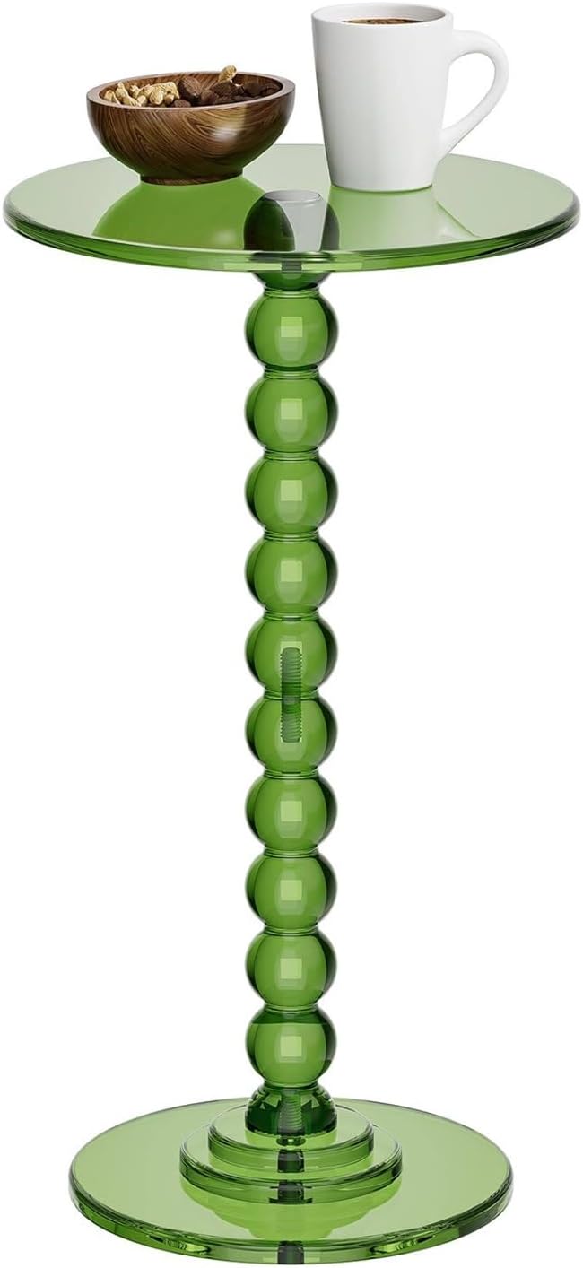 Clear Round End Table, Acrylic Side Table, Roman Column Pedestal, Acrylic DrinkTable for Small Spaces, for Living Room, Bedroom, Balcony, Easy Assembly(Green)