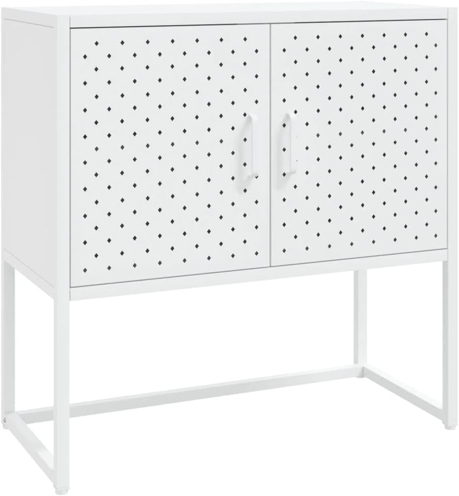 White Steel Sideboard with Adjustable Levelers, Modern Rectangular Storage Cabinet for Living Room and Dining Room, Sleek Design with Single Shelf, Sturdy Powder-Coated Steel