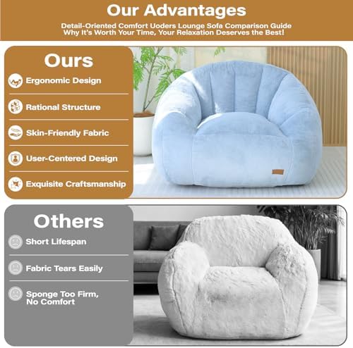 Giant Bean Bag Chair for Adults, Teens and Kids, Cozy Fluffy Corduroy Beanbag Chair with Filler, Large Floor Lounge Sofa for Living Room, Bedroom, Dorm, Gaming and Reading(XL-Light Blue)